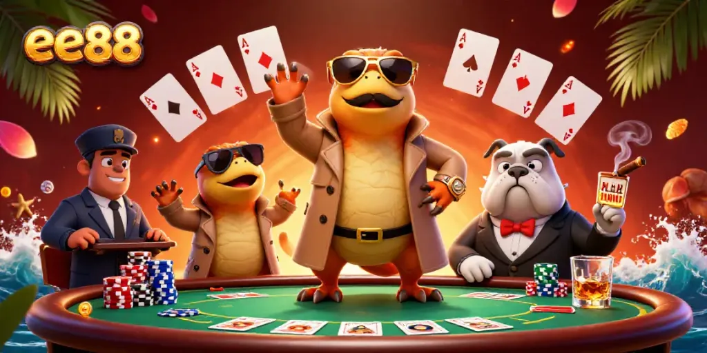 Experience the vibrant world of ee88, where cartoon raptors and a bulldog bouncer create a humorous casino atmosphere.