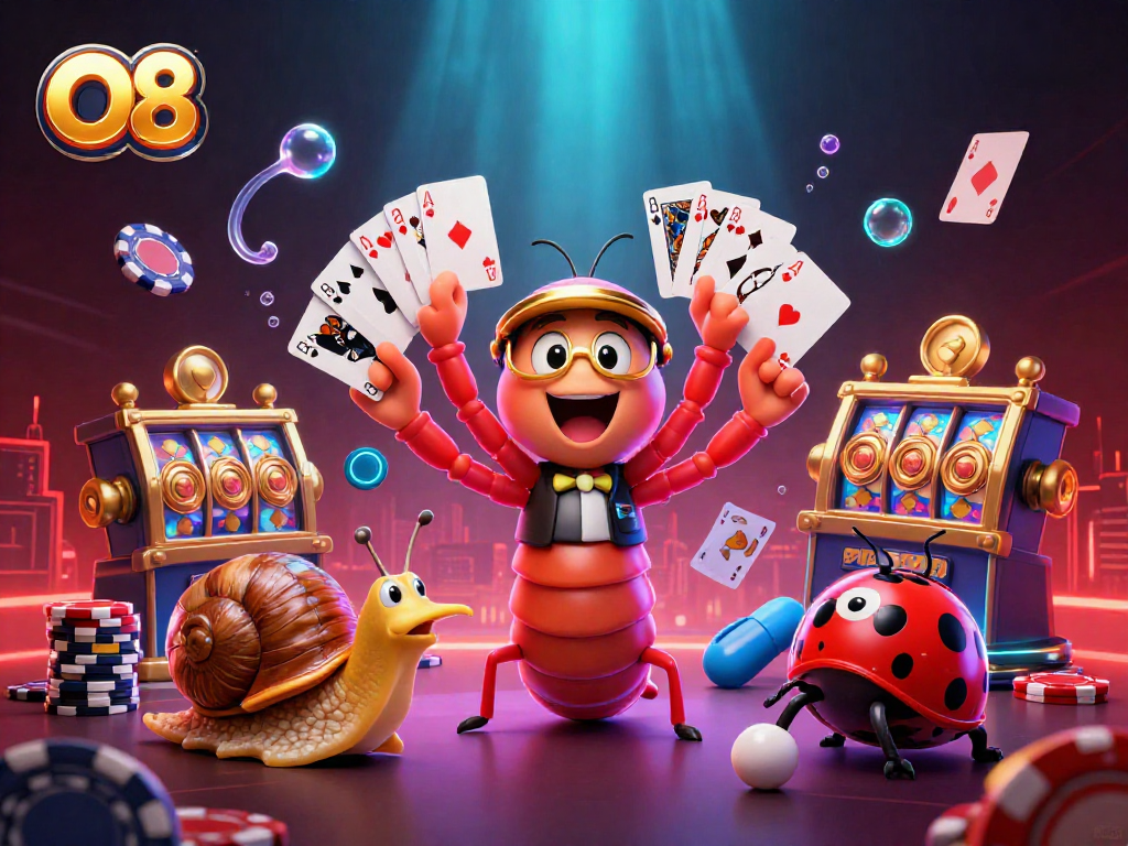 Experience O8’s thrilling gaming action with a vibrant, dynamic casino scene featuring unique characters.