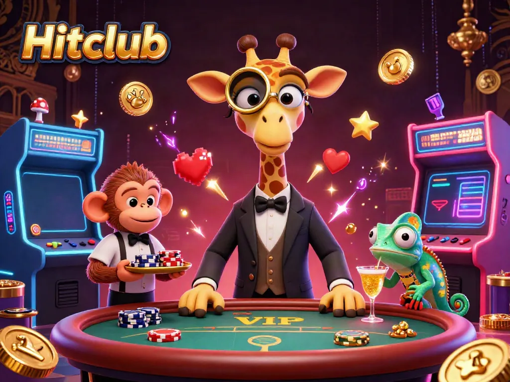 Experience the excitement at Hitclub with a high-roller giraffe celebrating big wins at a VIP poker table.
