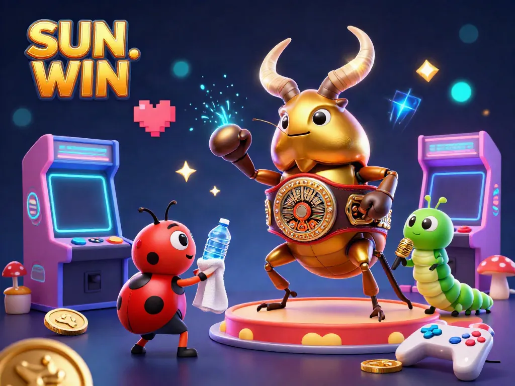 SUN WIN gaming scene featuring a giant stag beetle in a championship belt alongside arcade elements, creating an engaging gambling atmosphere.