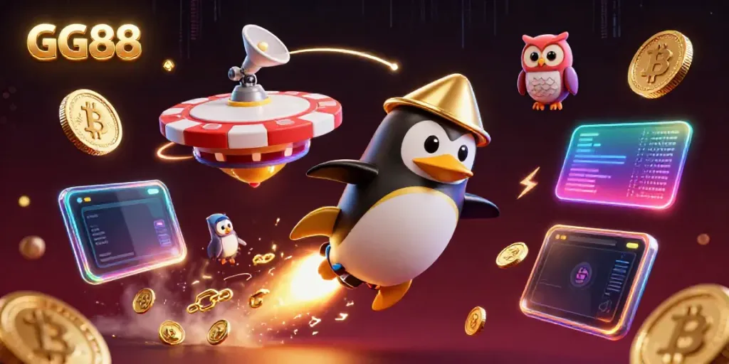 Advance your game at GG88 with a golden penguin reaching for casino rewards amidst glittering coins.