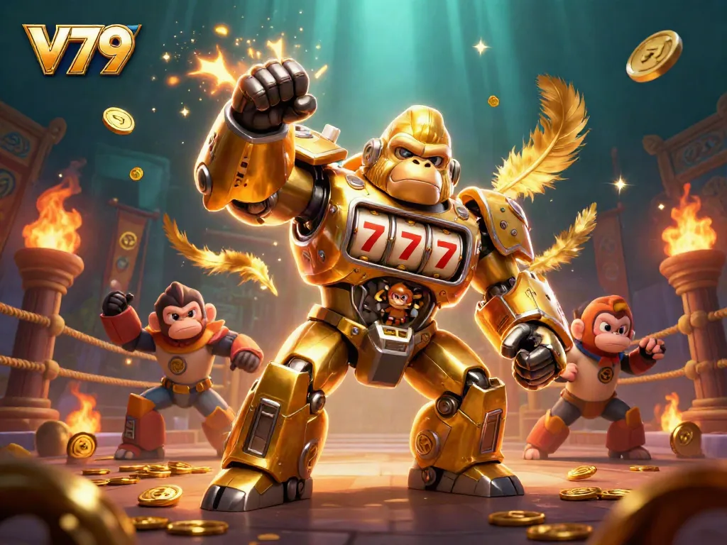 V79's dynamic online casino scene features a golden gorilla mech celebrating winnings with dazzling coins.
