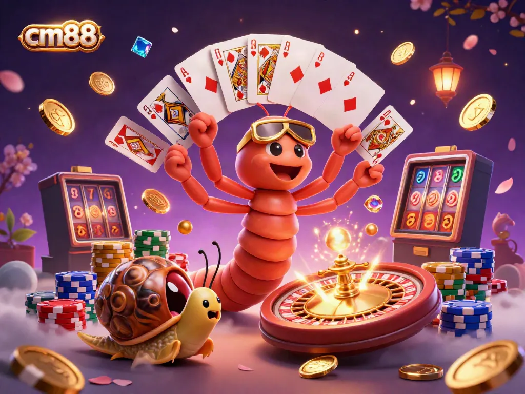 Engage with cm88's vibrant 3D casino scene showcasing a millipede dealer and high-roller snail among dazzling game elements.