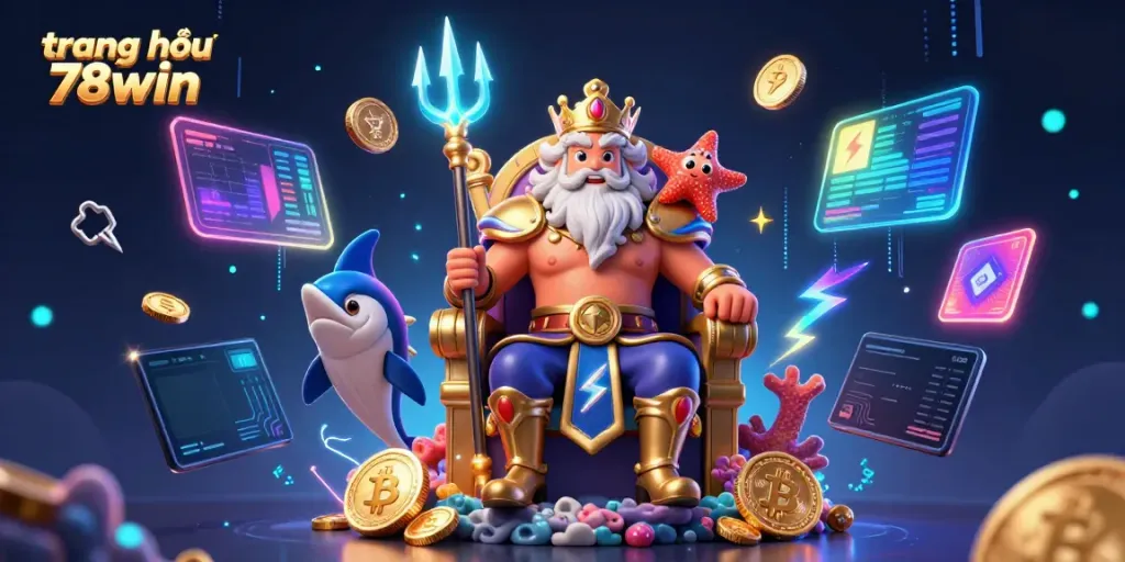 Engaging scene showcasing trang chủ 78win featuring Neptune and a swordfish samurai amidst vibrant digital gambling elements.