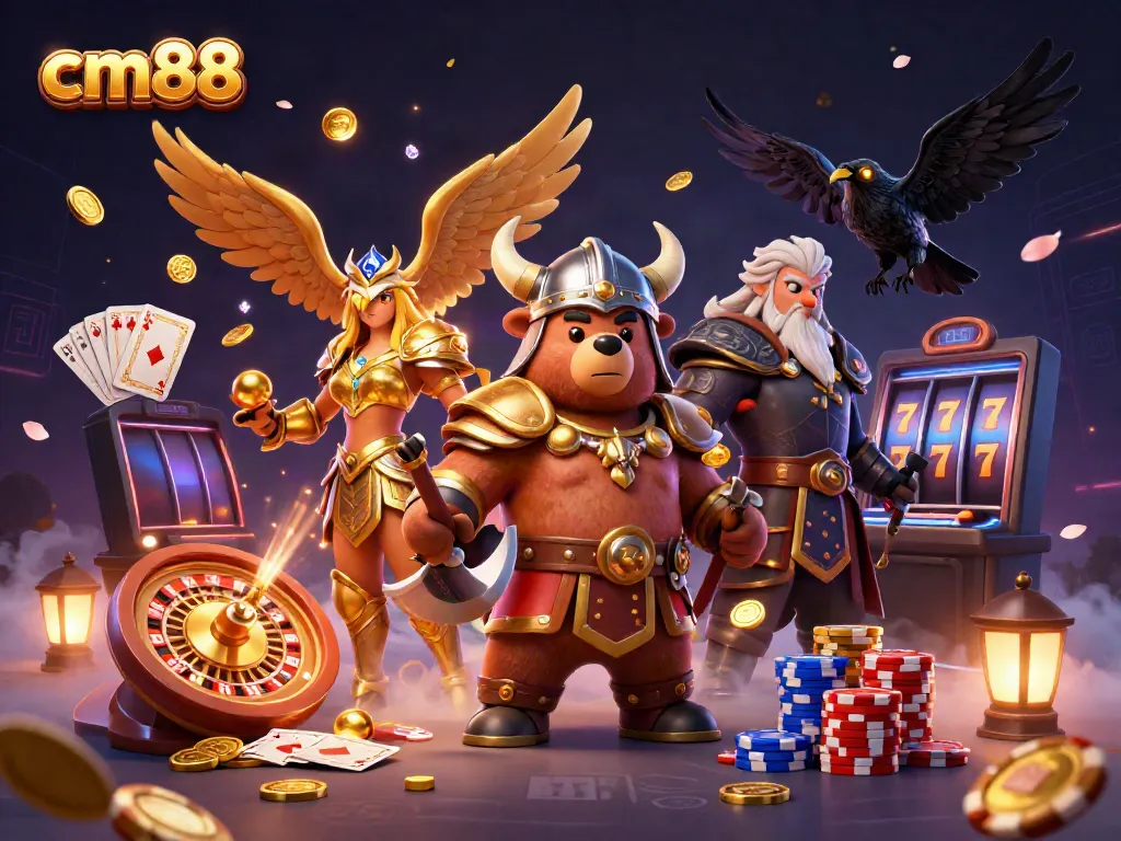 Spin to win at cm88 with a fierce bear and Valkyrie in a dazzling casino scene.