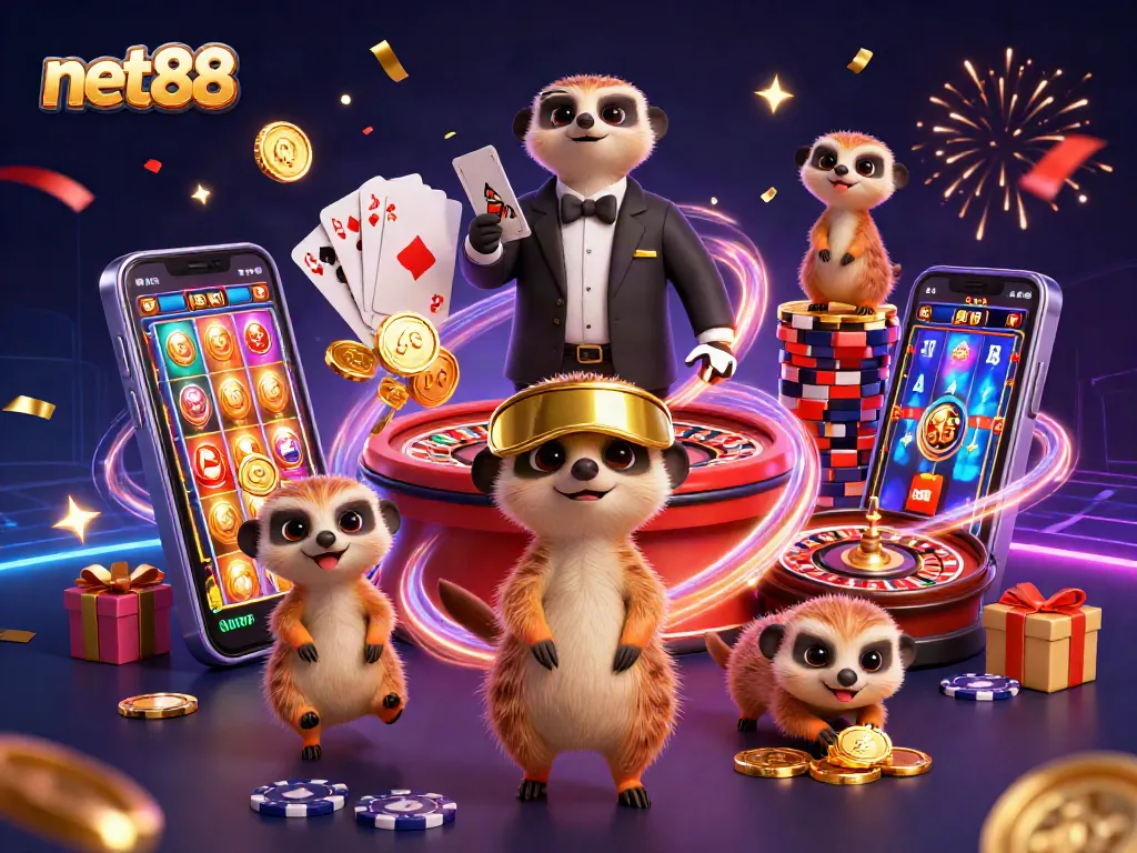Engage with net88's vibrant casino scene featuring playful meerkats and dynamic gaming elements.