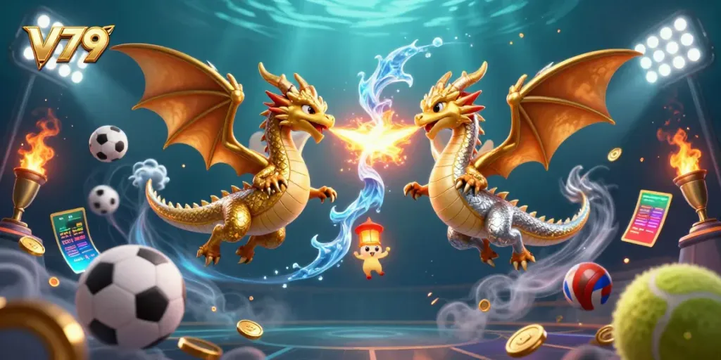 Experience the thrill of V79 with enchanting dragons and dynamic sports elements in this vibrant illustration.