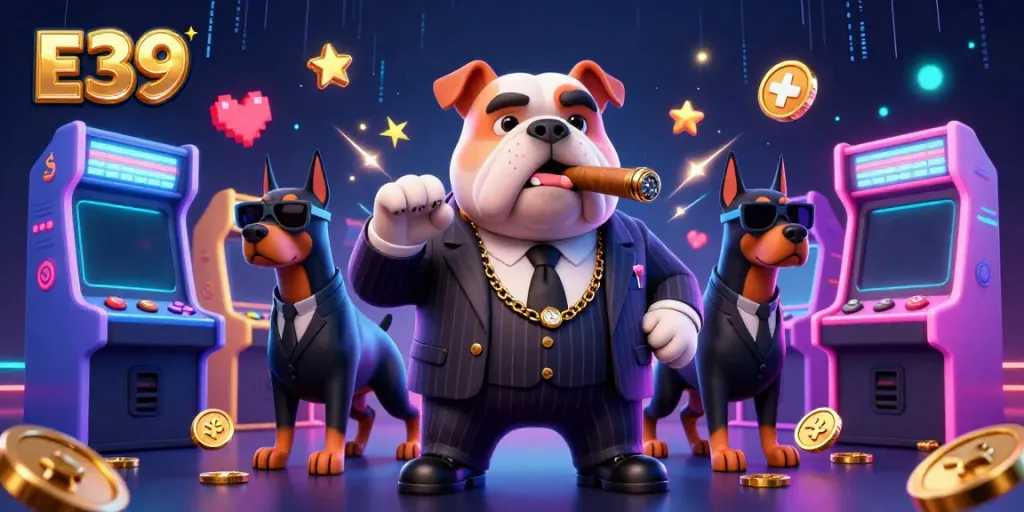 E39's vibrant casino scene features a mafia bulldog and Doberman bodyguards amidst arcade machines.
