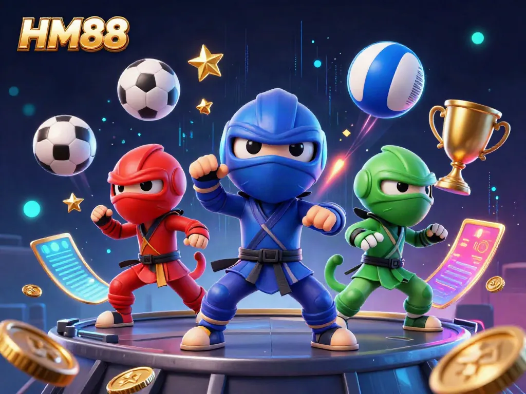 Experience thrilling action with HM88 as chameleon ninjas showcase their skills amid vibrant casino elements.