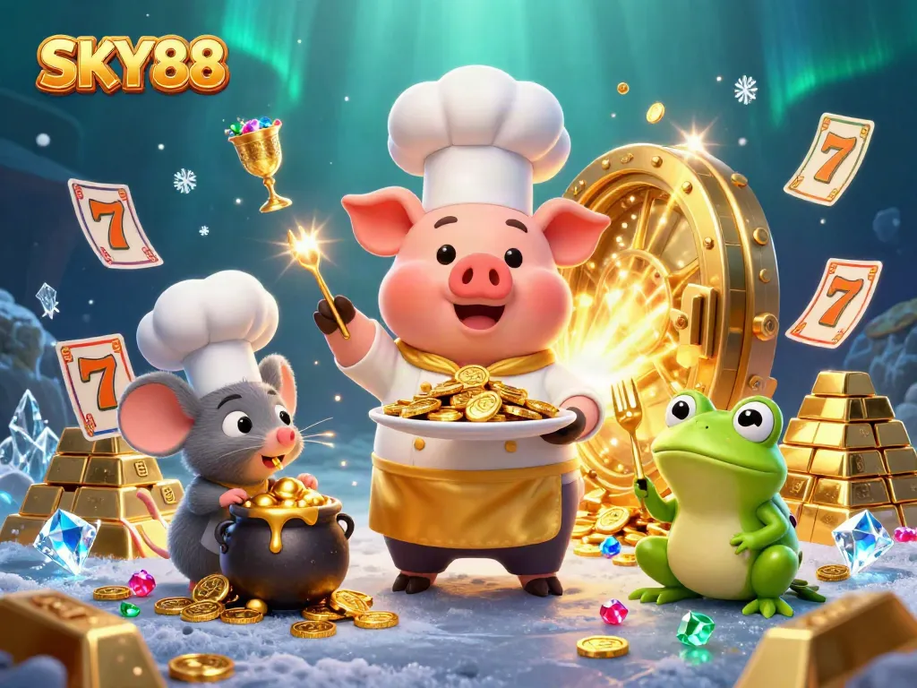 Win big at SKY88 with a vibrant scene showcasing gold coins, slot machines, and playful characters.