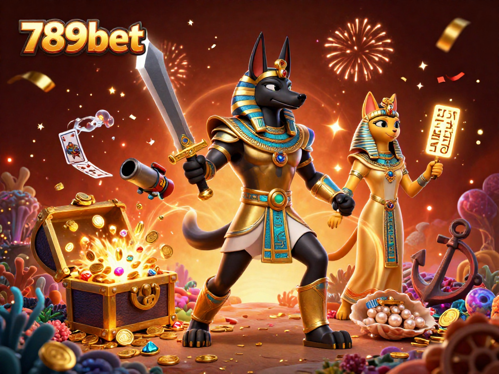 Engage with thrilling 789bet experiences featuring Anubis and Bastet amidst vibrant casino action.