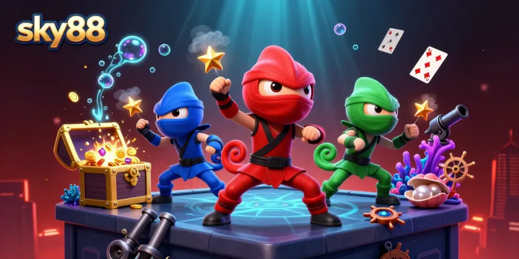 Engage in thrilling gameplay with sky88's vibrant ninja chameleons and treasure elements.