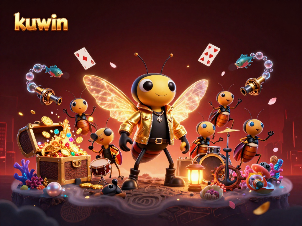 Kuwin platform showcases an electrifying 3D gambling scene with vibrant characters and dynamic game elements.