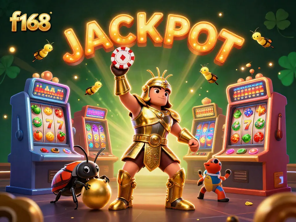 Experience excitement at f168 with 3D cartoon characters celebrating a victory jackpot amidst vibrant casino animations.