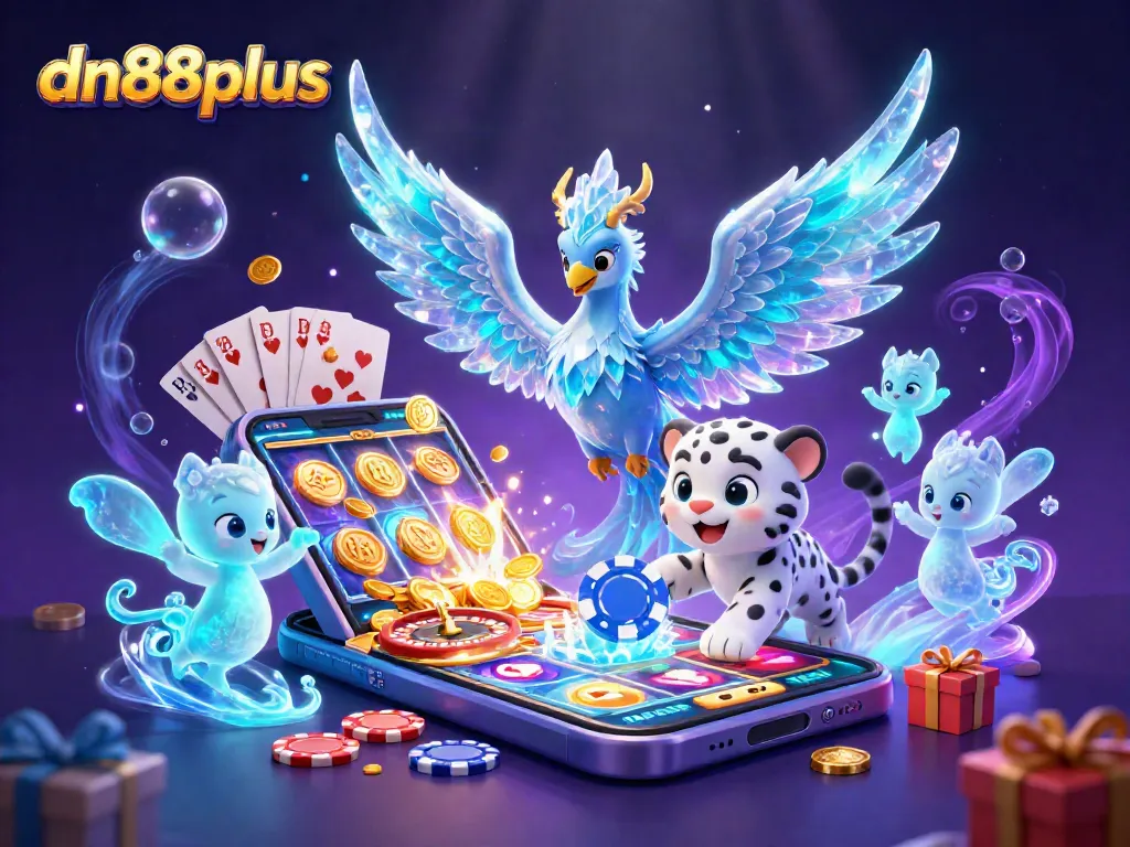 Engage with the vibrant gaming scene featuring dn88plus, showcasing an ice phoenix and poker play.