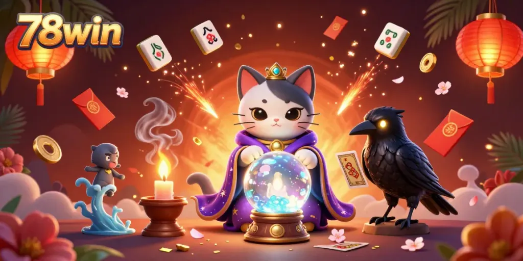 Explore the vibrant world of 78win with a mystical cat and raven amidst magical casino elements.
