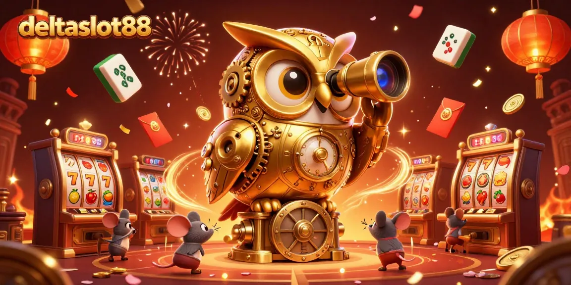 Spin and win at deltaslot88, featuring a whimsical golden owl overseeing a vibrant casino floor.
