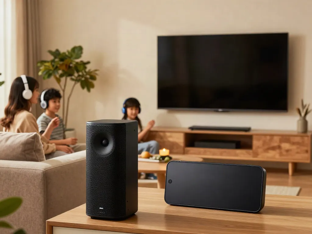 Vision Speaker Price showcased in a stylish home entertainment setup with family enjoying music.