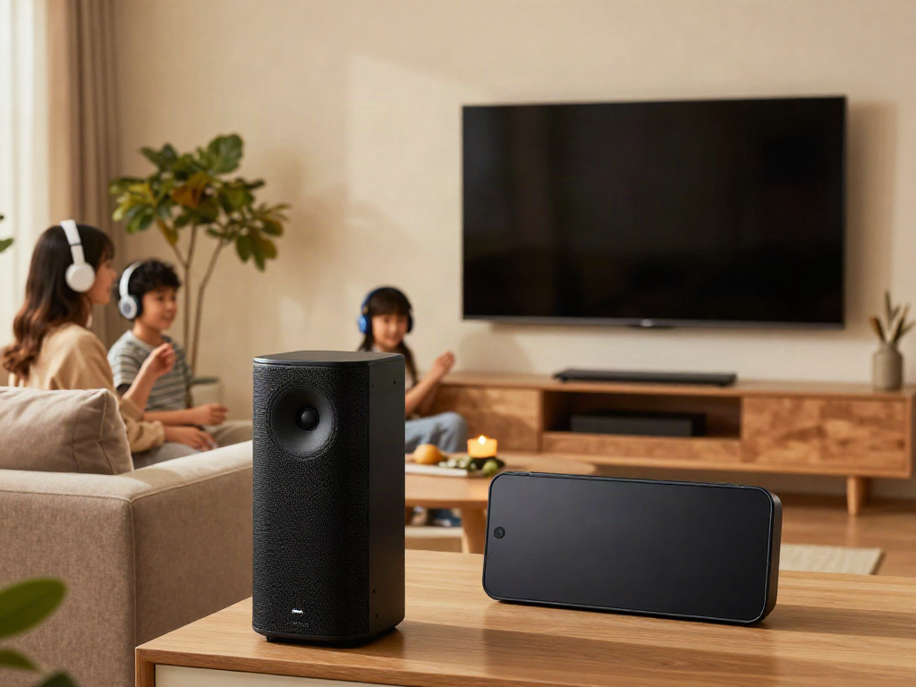 Vision Speaker Price showcased in a stylish home entertainment setup with family enjoying music.