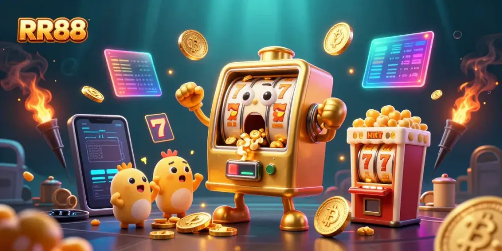 RR88 slot machine hitting a jackpot, surrounded by cheering machines and lottery elements.