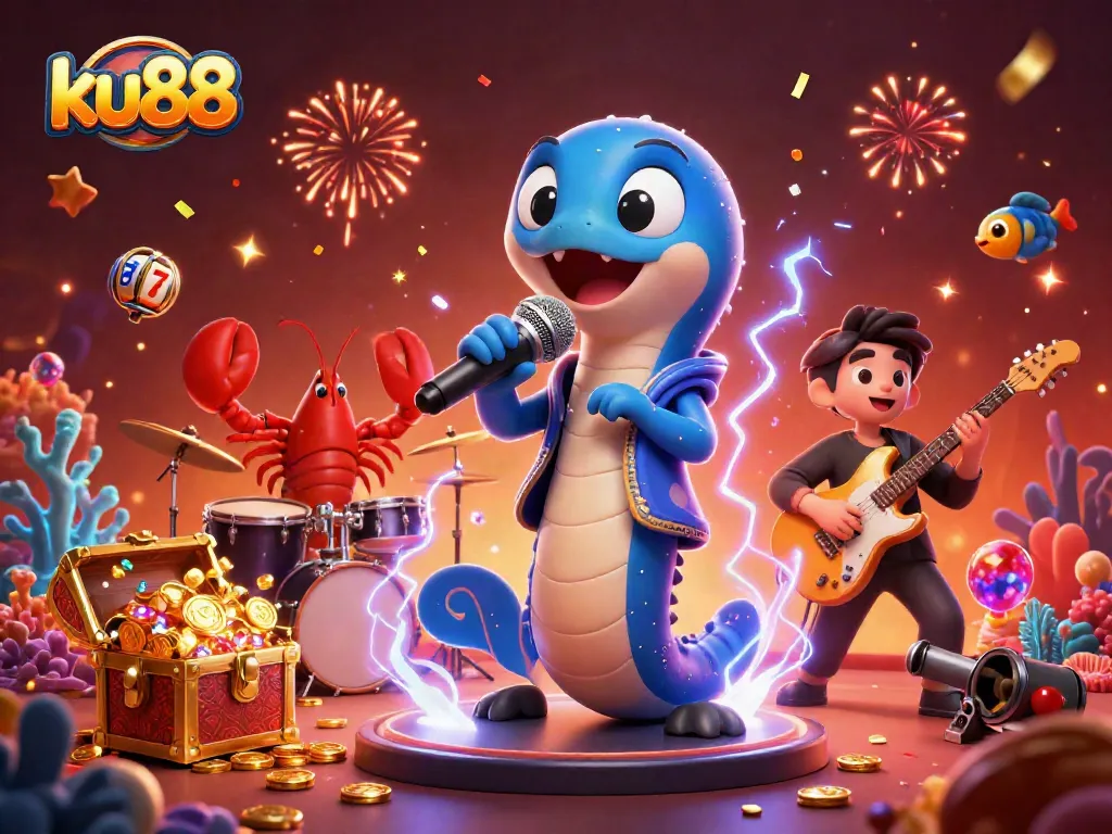 ku88 showcases an electrifying underwater casino with a DJ eel, lobster drummer, and seahorse guitarist.