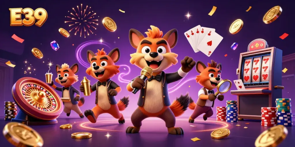E39 captures a lively casino scene with cartoon hyenas cheering with golden coins and slot reels.