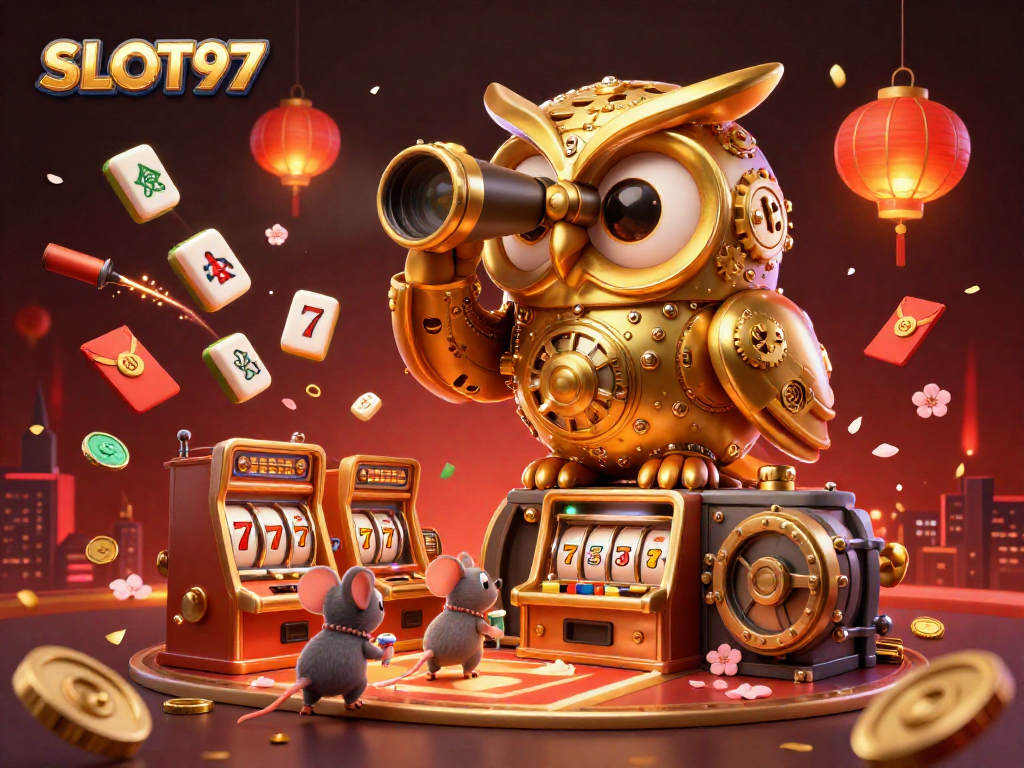 SLOT97 showcases a magical casino scene with an owl and charming wind-up mice ready to play!
