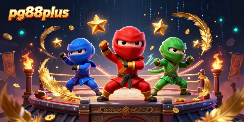 Engage in thrilling action at pg88plus with chameleon ninjas battling in a vibrant 3D casino scene.